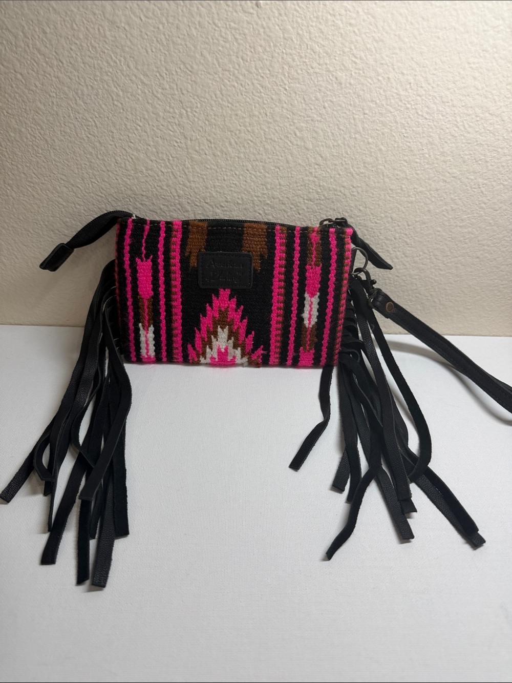 American Darling Pink Black Aztec Fringe Wristlet Clutch